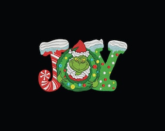 May include: Embroidered design featuring the word "JOY" with a Christmas theme. The "J" is a candy cane, the "O" is a wreath with the Grinch, and the "Y" is green with red polka dots. The background is black.