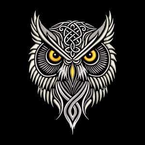 Puede incluir: Ilustración detallada de la cara de un búho, renderizada en blanco y gris sobre un fondo negro. El búho presenta intrincados nudos celtas y ojos amarillo brillante, creando un contraste llamativo.