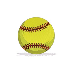 Puede incluir: Una pelota de softbol amarilla con costuras rojas. La pelota de softbol es de un color brillante y sólido con costuras detalladas, y está sobre un fondo blanco. Es un artículo de equipamiento deportivo.
