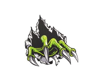 May include: A graphic illustration of a monster claw tearing through a surface. The claw is lime green with silver accents and sharp, pointed nails. The torn surface is black with white highlights, set against a white background.