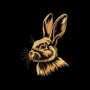 May include: A detailed illustration of a rabbit's head in profile, rendered in gold against a black background. The artwork highlights the rabbit's long ears, whiskers, and detailed fur texture, creating a striking contrast.