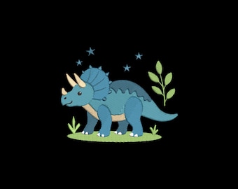 May include: A blue Triceratops dinosaur illustration with a friendly expression, set against a black background. The design includes stars, grass, and leaves. The dinosaur has three horns and a frill.