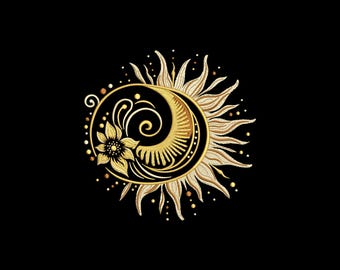 May include: A gold and cream-colored graphic illustration on a black background featuring a stylized sun and crescent moon intertwined. The design includes a floral element, swirling lines, and radiating sunbeams with small dots.