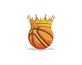 May include: An embroidered design featuring a basketball with black lines and a gold crown. The basketball is orange and the crown is gold with small, rounded points. The design is on a white background.