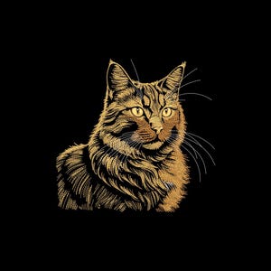 Puede incluir: Ilustración detallada de la cabeza y parte superior del cuerpo de un gato dorado sobre un fondo negro. El gato tiene ojos amarillos y pelaje detallado, con bigotes. La obra tiene una apariencia texturizada, como bordada.