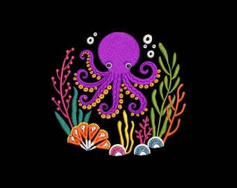 May include: Embroidered design of a purple octopus with yellow accents, surrounded by colorful coral and seaweed on a black background. The octopus has large, round eyes and is encircled by bubbles. A whimsical, underwater theme.