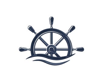 May include: A navy blue ship's wheel illustration with six spokes and a central hub. The wheel is positioned above two stylized blue waves, creating a nautical theme. The design is set against a clean white background.