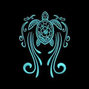 May include: A bright cyan graphic design featuring a sea turtle with a hibiscus flower pattern on its shell. The turtle is surrounded by symmetrical, flowing scrollwork and decorative flourishes that extend downwards on a solid black background.