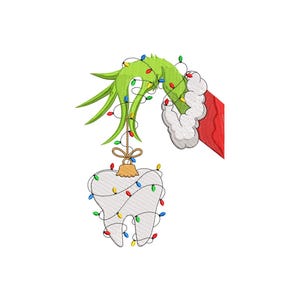 May include: A cartoon image of a green hand holding a tooth-shaped ornament wrapped in Christmas lights. The hand is from a character in a red and white Santa suit. The ornament is hanging from a gold-colored string.
