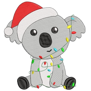 May include: Embroidered image of a gray koala wearing a red Santa hat and a string of colorful Christmas lights. The koala has black eyes, nose, and feet. The design is on a white background.