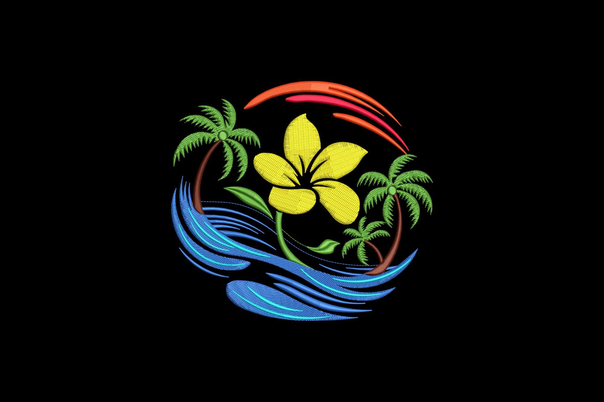 Tropical Beach Embroidery Design, Hibiscus Flower & Palm Trees Machine Embroidery File, Instant Download