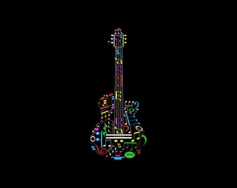 Music Notes Guitar Embroidery Design, Colorful Musical Instrument Machine Embroidery, 4 sizes, Instant Download