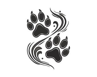 May include: Black paw print design with decorative swirls. The design features two sets of paw prints, each with four toes and a pad, and is set against a white background. The swirls add a decorative element.