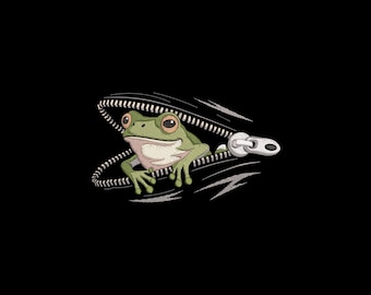 May include: A green frog peeks out from a black background, emerging from a zipper. The frog has large, round eyes and a white belly. The zipper is silver and white, with detailed stitching.