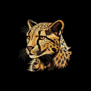 May include: A detailed illustration of a cheetah's head and upper body, set against a solid black background. The cheetah is depicted in shades of tan, brown, and black, with a focus on its distinctive spots and facial features.
