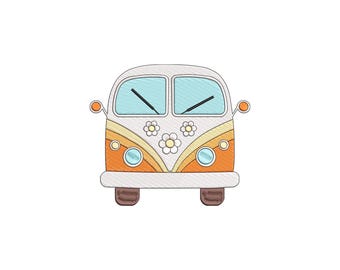 May include: A colorful embroidered design of a retro van, featuring a white roof, orange and yellow body, and daisy accents. The van has blue windows, headlights, and brown tires, evoking a vintage aesthetic.
