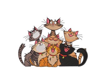 May include: An embroidered patch featuring a group of seven cartoon cats in various colors including brown, orange, black, and gray. Each cat has a distinct expression, and several wear red collars with small yellow bells, rendered in detailed stitching.