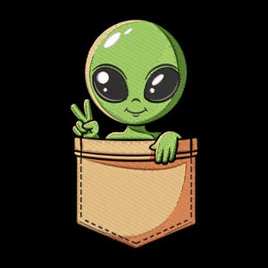 May include: A cartoon alien with a green head and large black eyes peeks out of a tan pocket. The alien is giving a peace sign with one hand. The background is solid black.