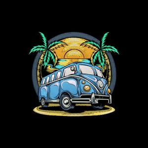 Könnte beinhalten: Illustration eines blauen Oldtimer-Vans vor einer Strandszene mit Palmen und Sonnenuntergang. Der Van ist das zentrale Element, mit detailliertem Design und Retro-Ästhetik. Der Hintergrund zeigt ein kreisförmiges Design mit Strand und Sonnenuntergang.