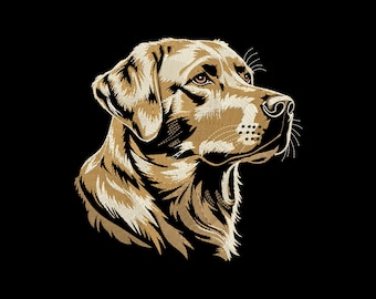 May include: A detailed illustration of a Labrador Retriever's head, rendered in shades of gold and brown against a black background. The artwork highlights the dog's features with intricate line work, creating a textured appearance.