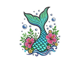 Mermaid Tail With Tropical Flower Embroidery Design, Funny Mermaid Tail Machine Embroidery, Mermaid Tail Lover Gift Embroidery File, 4 sizes
