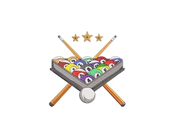 May include: Embroidered design of a pool table setup with a triangle of numbered billiard balls in a rack, two crossed pool cues, a white cue ball, and three gold stars. The design is on a white background.