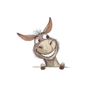 Pode incluir: Ilustração de desenho animado de um burro sorrindo com uma expressão amigável. O burro tem orelhas grandes, uma pelagem marrom clara e está espreitando por cima de um objeto invisível. A imagem está em um fundo branco.