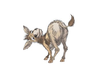 May include: A whimsical illustration of a donkey in a playful pose. The donkey is depicted with a light brown coat, a fluffy tail, and large, expressive eyes. Its head is turned, and it appears to be looking up.