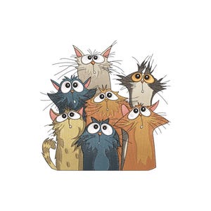 May include: A whimsical illustration of seven cartoon cats with wide eyes and surprised expressions. The cats are in various colors, including tan, blue, and orange, with detailed fur textures. The image is set against a white background.