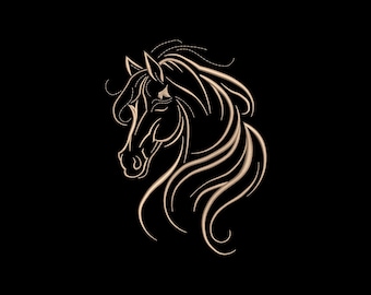 May include: A detailed line drawing of a horse's head and flowing mane in a light beige color against a solid black background. The artwork is a side profile of the horse, showcasing its elegant features.