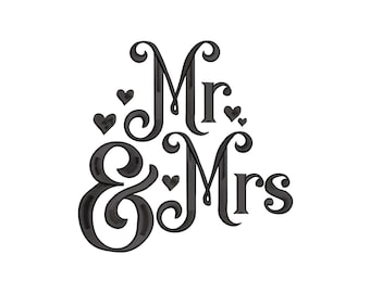 May include: Black script design with the words "Mr. & Mrs." and small heart accents. The design is suitable for wedding invitations, decorations, or other celebratory items.