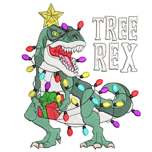 May include: An embroidered design featuring a green Tyrannosaurus Rex decorated with colorful Christmas lights and a gold star on its head. The dinosaur holds a wrapped gift. The text "TREE REX" is above the dinosaur.