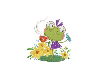 Kawaii Frog with Coffee Cup Embroidery File - Charming Spring Flowers Machine Embroidery Design, Frog Lover Gift, Instant Download