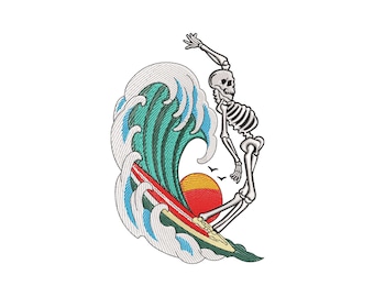 May include: An embroidered patch design featuring a white skeleton surfing on a red surfboard. The skeleton rides a large, teal and white ocean wave. A yellow and orange sun sits behind the wave, with two small black birds flying nearby.