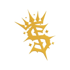 May include: Gold-coloured embroidered design on a white background. The design features a stylized, spiky shape with star-like accents. The embroidery has a textured appearance, creating a three-dimensional effect.