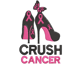 May include: An embroidered design featuring two high-heeled shoes in black and pink, adorned with pink ribbons and a butterfly. The words "CRUSH CANCER" are displayed in black and pink below the shoes.