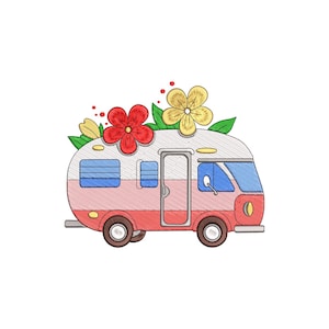 May include: A whimsical illustration of a retro camper van in shades of red, pink, and white, adorned with colorful flowers. The van has blue-tinted windows and brown wheels, evoking a sense of travel and adventure.