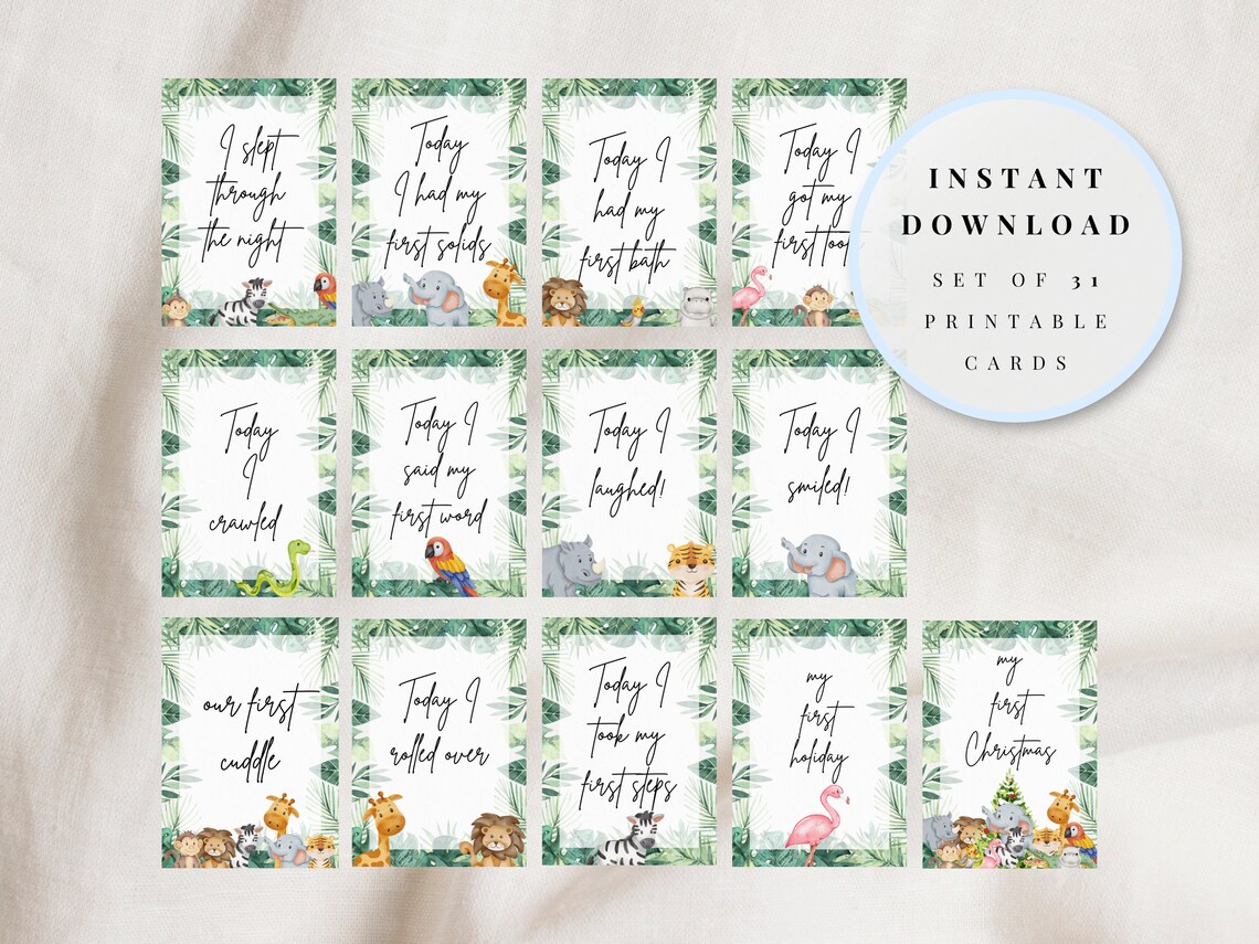 Safari Printable Milestone Cards Instant Download Set of 28 Baby Milestone Cards Green Botanical ...