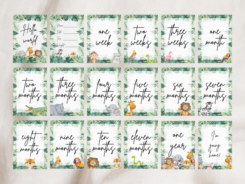 Safari Printable Milestone Cards Instant Download Set of 28 Baby Milestone Cards Green Botanical ...