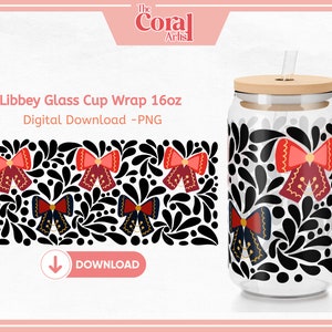 Traditional Cultural Inspired Mexican Mariachi BOW Talavera PNG for 16oz Libbey Cup Wrap UVDTF Transfer for Sublimation for Tumblers, Red