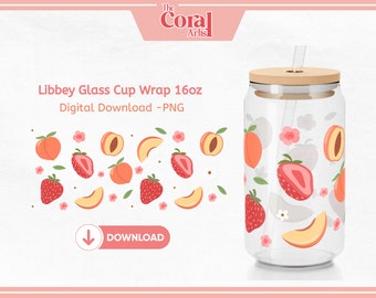 PEACHES Fruit and Berry Daisy PNG Wrap, UVDTF Transfer & Strawberry Floral 16oz Libbey Glass Tumbler Cup, Beer Glass Summer Wrap.