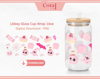 Pink Halloween Candy Ghost PNG UVDTF Cup Wrap for 16oz Libbey Glass Beer Cup, Sublimation, DTF, Tumbler Wrapping, Cute Aesthetic Spooky png