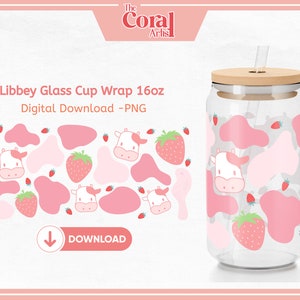 May include: A digital download for a 16oz glass cup wrap featuring a pink and white cow print design with strawberries. The design is perfect for a reusable cup or tumbler.