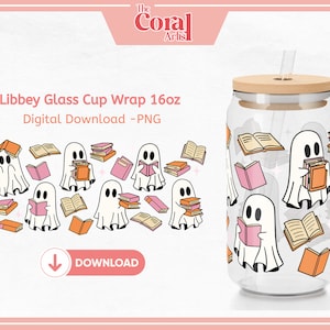 CARTOON Book Ghost PNG for 16oz Libbey Glass Tumbler Cup Custom Art UVDTF for Tumbler and Sublimation, Transfer for Glass Beer Glass Cups