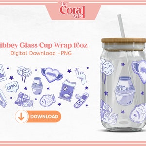 KPOP Blue Korean Food Y2K PNG Transfer File, Libbey 16oz Beer Glass Tumbler Design, flip phone, Seoul, Korean Snack Cartoon for Sublimation