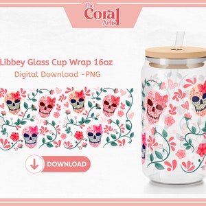 SUGAR SKULL Talavera PNG Transfer File, Libbey 16oz Beer Glass Tumbler Design, Skull Flowers, Pink Coquette, Girly Cartoon for Sublimation