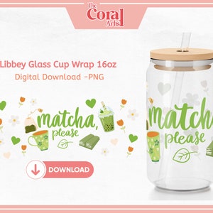 Matcha Green Tea Leaf Coffee UVDTF PNG Transfer File, Libbey 16oz Beer Glass Tumbler Green Chocolate Snacks and Drinks Cartoon Sublimation