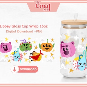 TOYS Pumpkin Halloween Story Characters Cartoon, for 16oz Libbey Glass Tumbler Cup PNG Tumbler, Sublimation, Custom UVDTF Wrap, Woody, Alien