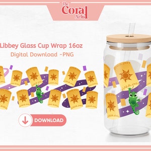 Peut inclure: Téléchargement numérique d'un habillage de tasse en verre de 473 ml avec un motif de lanternes violettes et jaunes avec un caméléon vert. Le motif est parfait pour une fête sur le thème de Disney.