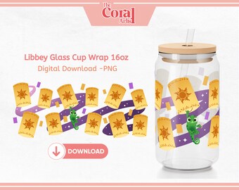 LANTERNS Green Chameleon Lizard Rapunzel PNG for UVDTF 16oz Libbey Glass Tumbler Can Cup Wrap, Sublimation, decal with princess design, art